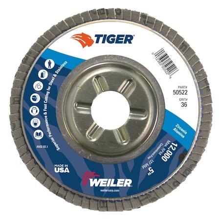Weiler 5" Tiger DiscFlap Disc, Conical (TY29), Aluminum Backing, 36Z, 7/8" 50522
